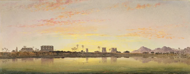 カルナックのパイロン、遠方のテバン山脈（船上の紙に油彩）